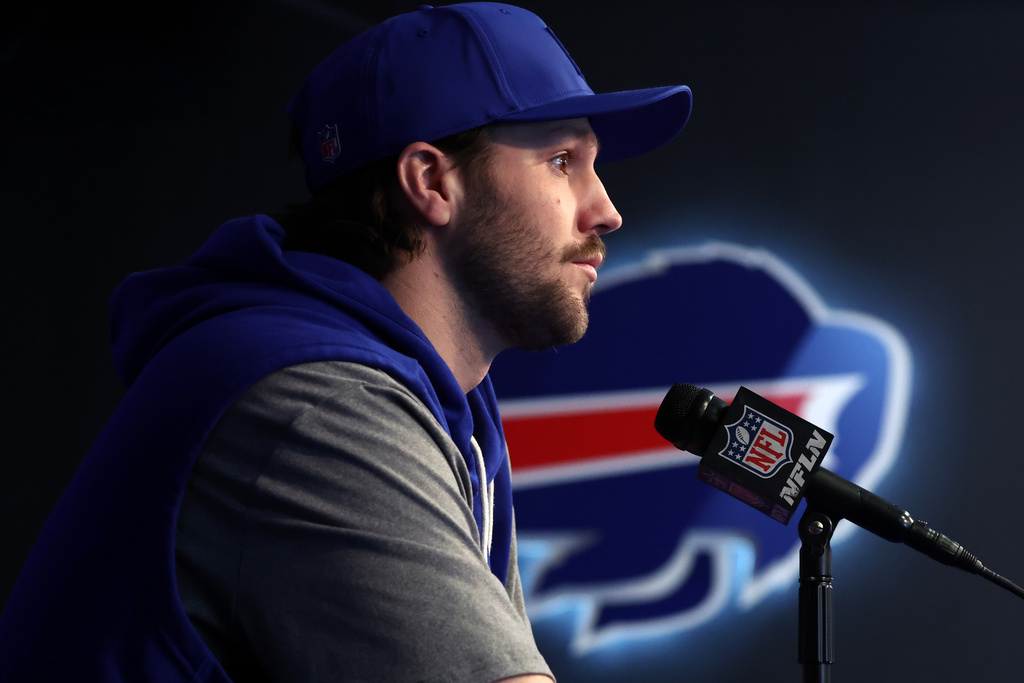 Buffalo Bills quarterback Josh Allen speaks at a NFL news conference in Orchard Park, N.Y., Thursday, Jan. 29, 2026. (AP Photo/Jeffrey T. Barnes)