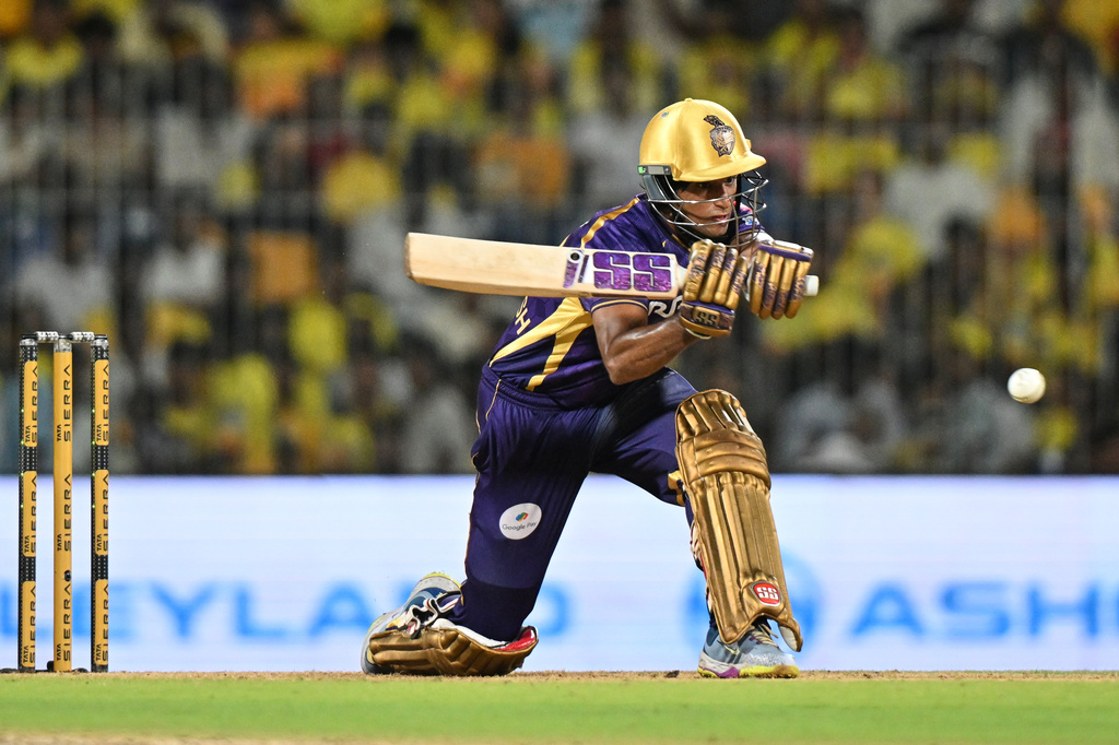 Kolkata Knight Riders' Angkrish Raghuvanshi plays a shot during the Indian Premier League cricket match between Chennai Super Kings and Kolkata Knight Riders in Chennai, India, Tuesday, April 14, 2026. (AP Photo)