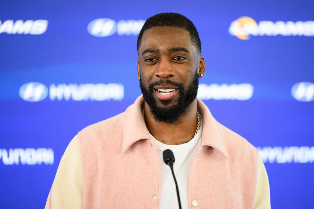 Los Angeles Rams' new cornerback Jaylen Watson speaks during an NFL football news conference, Thursday, March 12, 2026, in Los Angeles (AP Photo/William Liang)