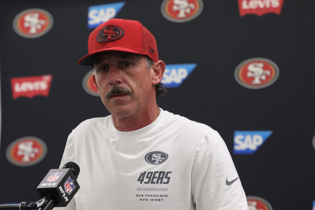 San Francisco 49ers head coach Kyle Shanahan speaks at a news conference after a preseason NFL football game against the Los Angeles Chargers, Thursday, Aug. 20, 2026, in Inglewood, Calif. (AP Photo/Ryan Sun)
