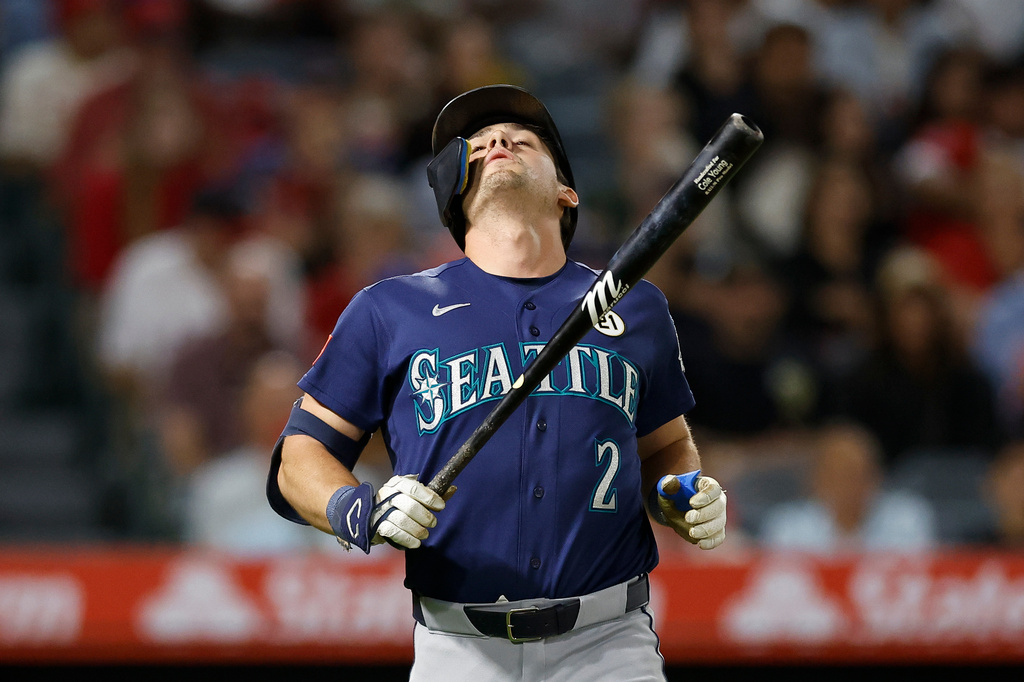 Seattle Mariners' Cole Young (2) reacts after hitting a foul ball during the sixth inning of a baseball game against the Los Angeles Angels, Tuesday, Sept. 15, 2026, in Anaheim, Calif. (AP Photo/Caroline Brehman)