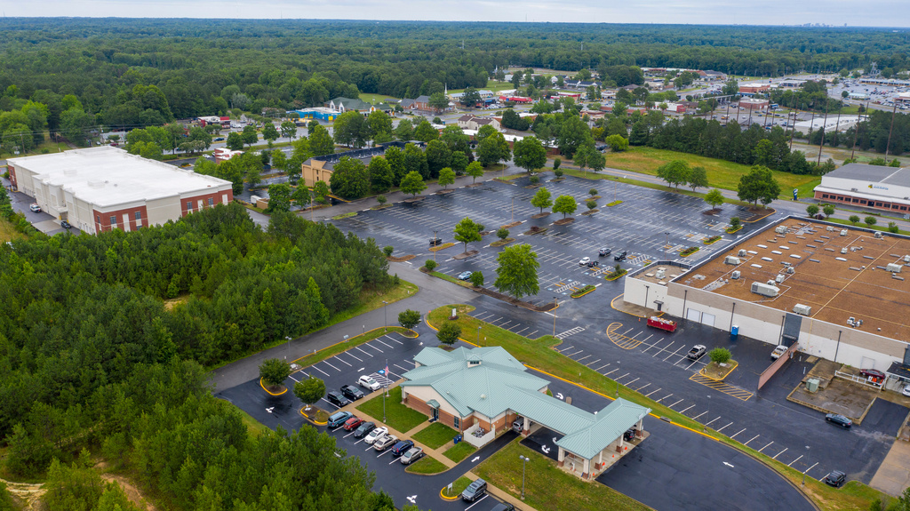 FILE - A drone photo taken on June 16, 2020, shows the Call Federal Credit Union, front, a bank robbed by Okello Chatrie in 2019 in Midlothian, Va. (AP Photo/Steve Helber, File)