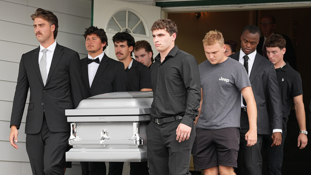 Pallbearers carry a casket containing the remains of Glenwood "Bubba" Pysher IV who was killed by police in Pottstown, Pa., Monday, Aug. 31, 2026. (AP Photo/Matt Rourke)