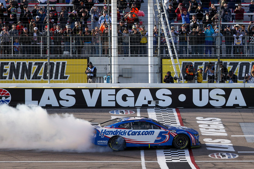 FILE - Kyle Larson (5) celebrates after winning a NASCAR Cup Series auto race at Las Vegas Motor Speedway March 3, 2024, in Las Vegas. (AP Photo/Ian Maule, File) FILE - Kyle Larson (5) celebrates after winning a NASCAR Cup Series auto race at Las Vegas Motor Speedway March 3, 2024, in Las Vegas. (AP Photo/Ian Maule, File)