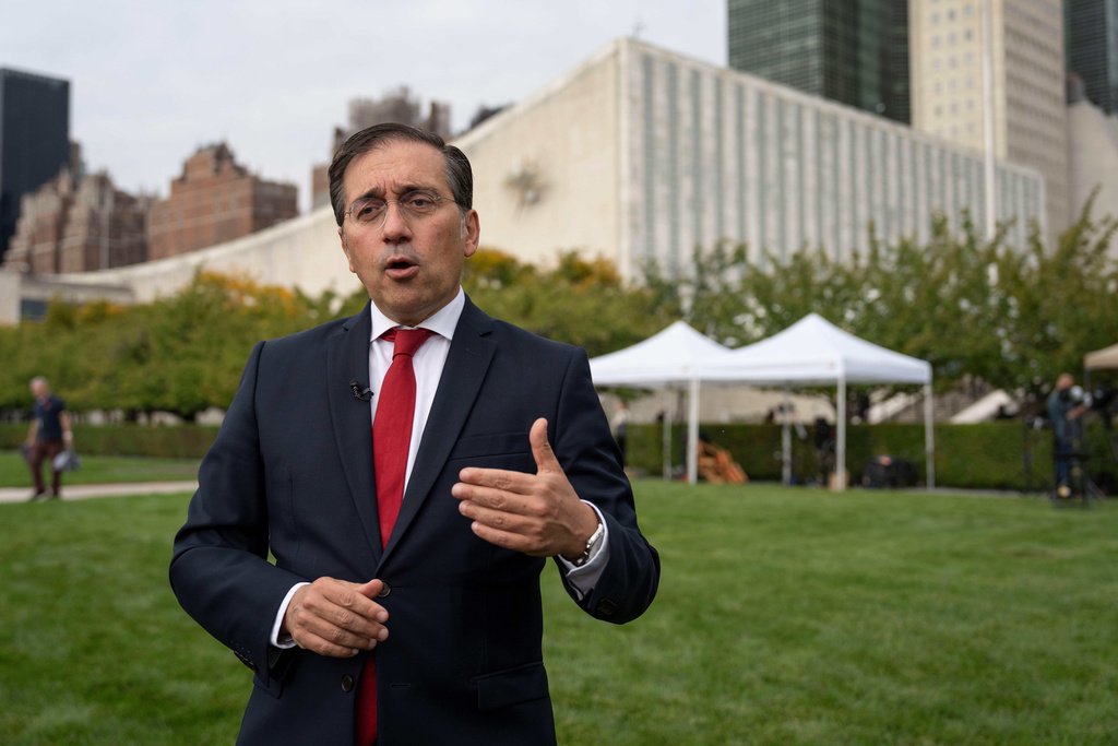 Spain's Minister of Foreign Affairs José Manuel Albares speaks during an interview at United Nations headquarters, Monday, Sept. 22, 2025. (AP Photo/Yuki Iwamura)