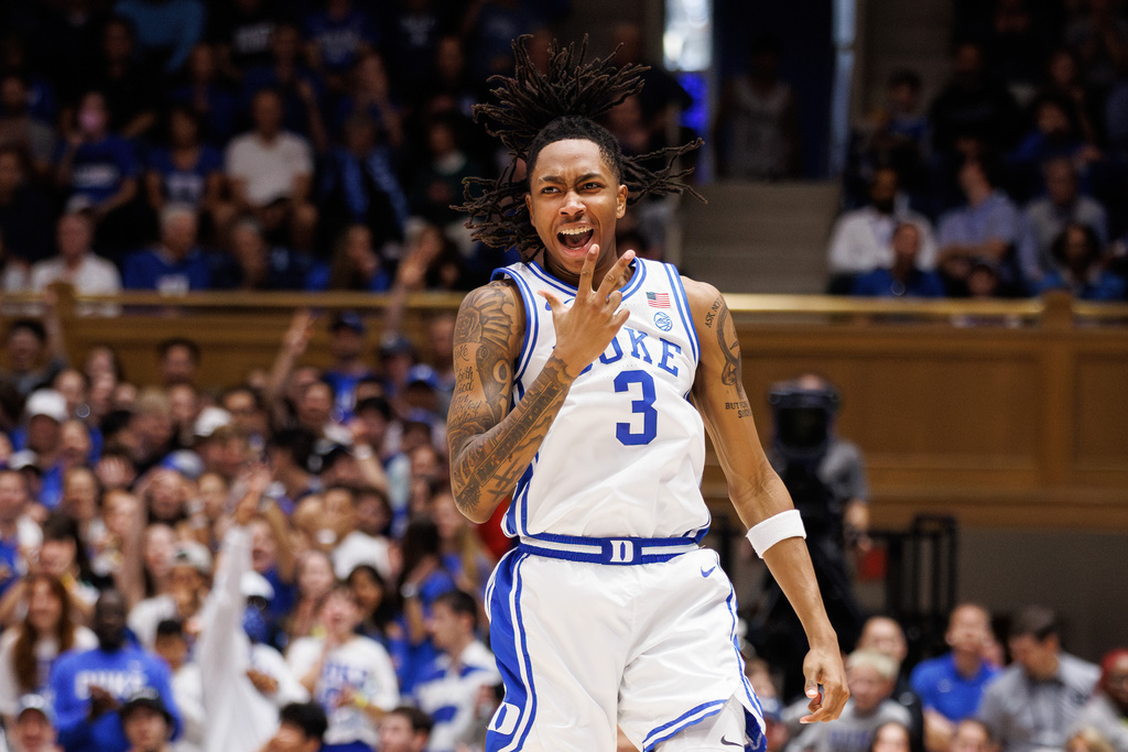 Duke's Isaiah Evans (3) reacts after hitting a three-pointer during the second half of an NCAA college basketball game against SMU in Durham, N.C., Saturday, Jan. 10, 2026. (AP Photo/Ben McKeown)