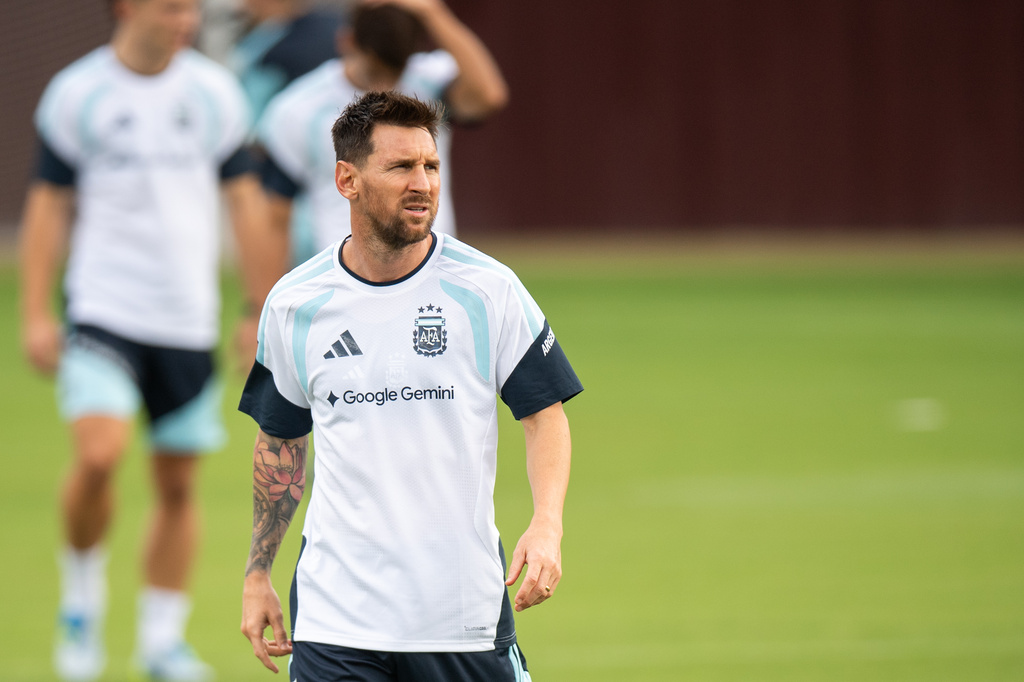 Argentina's Lionel Messi participates in a training session at Texas A&M's Ellis Field ahead of the FIFA World Cup 2026 international friendly between Argentina and Honduras on Friday, June 5, 2026, in College Station, Texas. (Meredith Seaver/College Station Eagle via AP)