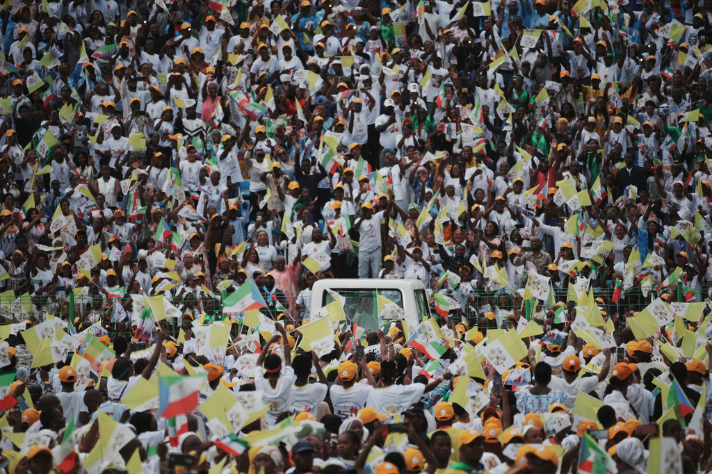 Pope Leo XIV arrives to celebrate the Holy mass at the Malabo stadium, in Malabo, Equatorial Guinea, Thursday, April 23, 2026, on the last day of his 11-day pastoral visit to Africa. (AP Photo/Andrew Medichini)