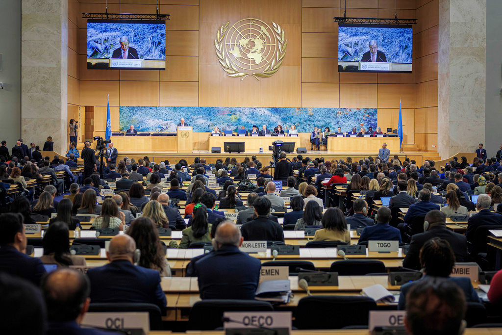 FILE - U.N. Secretary-General Antonio Guterres speaks during the opening of the 61st session of the United Nations Human Rights Council at the European headquarters of the United Nations in Geneva, Feb. 23, 2026. (Valentin Flauraud/Keystone via AP, File)
