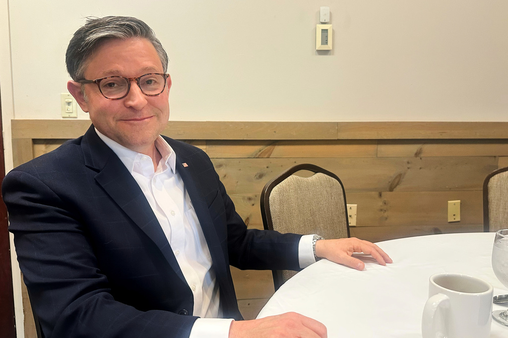 In this photo taken with a smart phone, House Speaker Mike Johnson sits for an AP interview during a campaign stop, Wednesday, Oct. 14, 2026, in Bangor, Maine. (AP Photo/Lisa Mascaro)