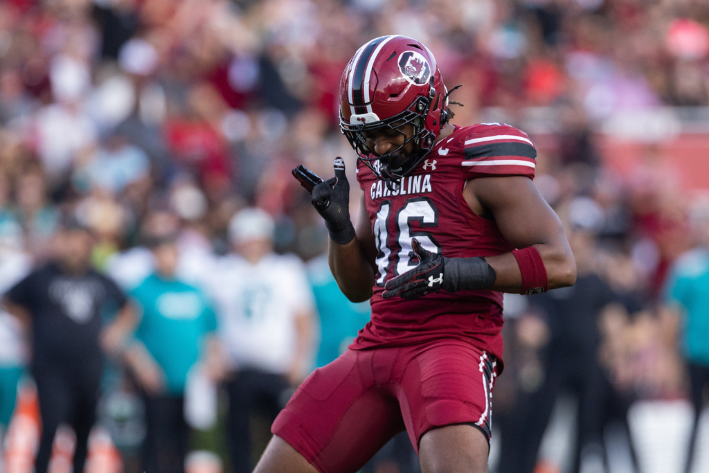 South Carolina defensive end Bryan Thomas Jr. (46) celebrates after a stop during the first half against the Coastal Carolina in an NCAA college football game, Saturday, Nov. 22, 2025, in Columbia, S.C. (AP Photo/Scott Kinser)