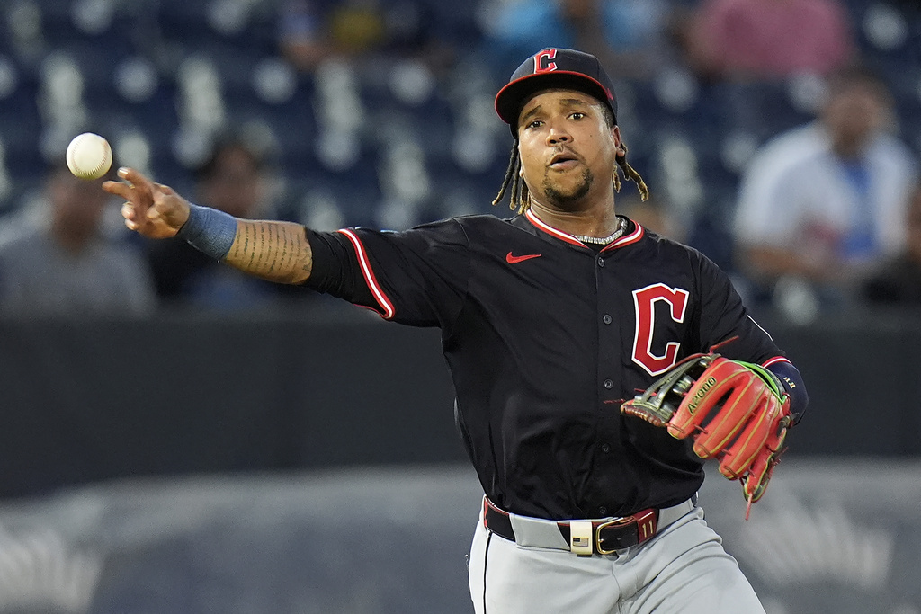 Cleveland Guardians third base José Ramírez throws out Tampa Bay Rays' Yandy Díaz at first during the first inning of a baseball game Thursday, Sept. 4, 2025, in Tampa, Fla. (AP Photo/Chris O'Meara)