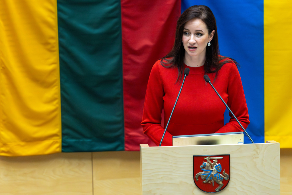 Lithuania's Social Democratic party member Inga Ruginiene, nominated as the next Prime Minister, speaks during a Lithuania's parliament session in Vilnius, Lithuania, Tuesday, Aug. 26, 2025. (AP Photo/Mindaugas Kulbis)
