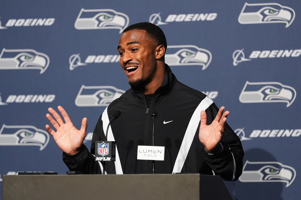 Seattle Seahawks wide receiver Montorie Foster Jr. responds to a question during a news conference after an NFL preseason football game against the Dallas Cowboys, Saturday, Aug. 15, 2026, in Seattle. (AP Photo/Lindsey Wasson)