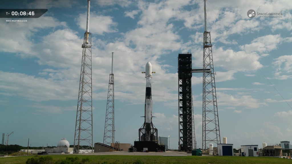 This image from video provided by SpaceX shows a Falcon 9 rocket carrying Northrop Grumman’s mission robotic vehicle — dubbed MRV, preparing for launch from Cape Canaveral, Fla., on Tuesday, July 21, 2026. (SpaceX via AP)