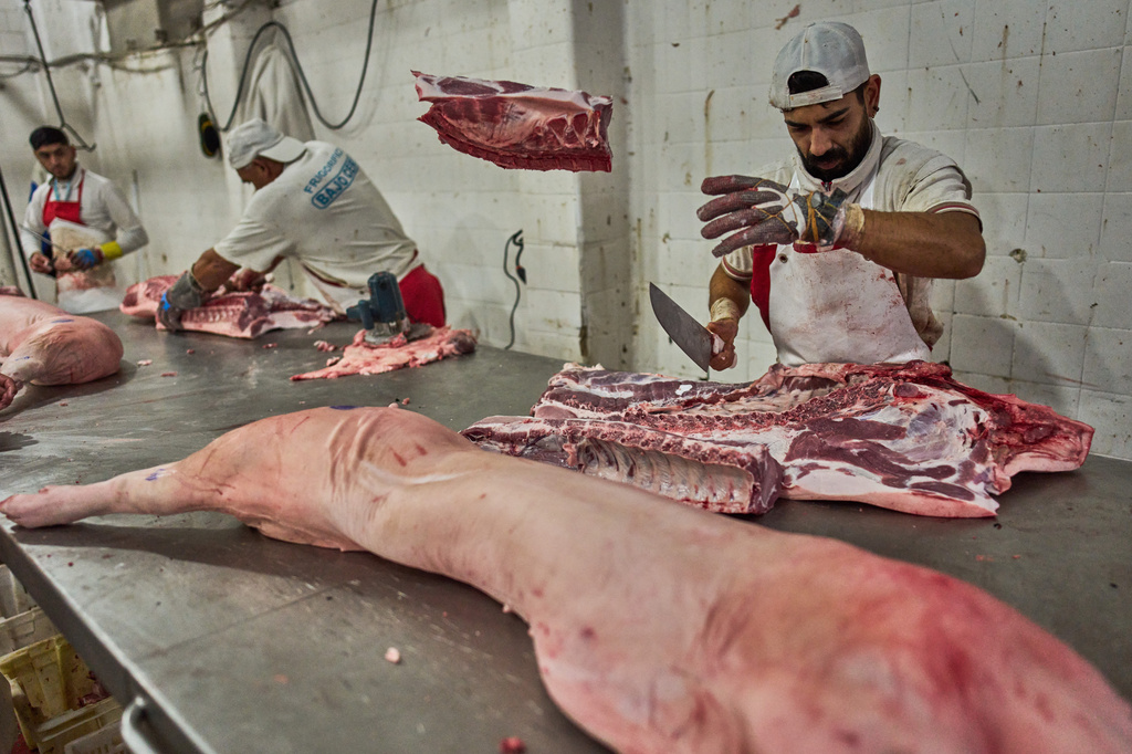 A worker cuts pork at the Mataderos meat market in Buenos Aires, Argentina, Thursday, May 14, 2026. (AP Photo/Rodrigo Abd)