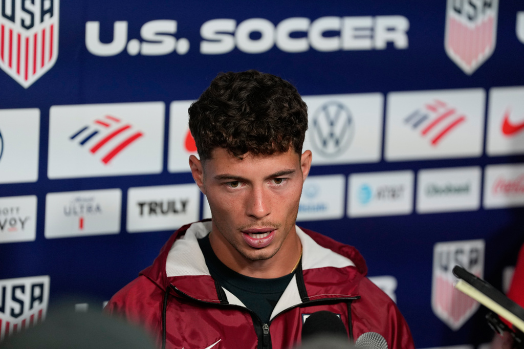 United States' Sebastian Berhalter speaks with the media before a training session ahead of the FIFA World Cup match against Australia in Irvine, Calif., Tuesday, June 16, 2026. (AP Photo/Andre Penner)