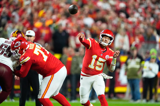 Kansas City Chiefs quarterback Patrick Mahomes (15) throws during the first half of an NFL football game against the Washington Commanders Monday, Oct. 27, 2025, in Kansas City, Mo. (AP Photo/Charlie Riedel) Kansas City Chiefs quarterback Patrick Mahomes (15) throws during the first half of an NFL football game against the Washington Commanders Monday, Oct. 27, 2025, in Kansas City, Mo. (AP Photo/Charlie Riedel)