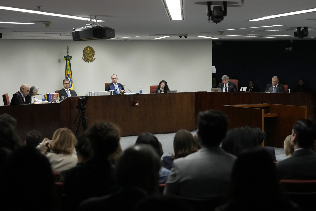The Brazilian Supreme Court holds the verdict and sentencing phase of a trial for those charged in an alleged coup plot to keep former President Jair Bolsonaro in office after his 2022 election defeat, in Brasilia, Brazil, Tuesday, Sept. 9, 2025. (AP Photo/Eraldo Peres)