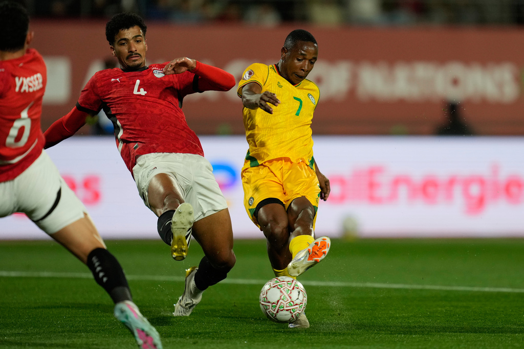 Zimbabwe's Prince Dube scores during the Africa Cup of Nations group B soccer match between Egypt and Zimbabwe in Agadir, Morocco, Monday, Dec. 22, 2025. (AP Photo/Mosa'ab Elshamy)