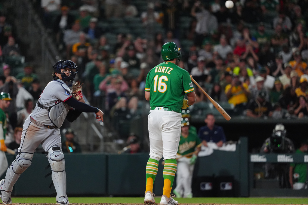 Athletics first baseman Nick Kurtz (16) tosses his bat after he was walked in the eighth inning of a baseball game against the Cleveland Guardians Friday, May 1, 2026, in West Sacramento, Calif. Cleveland Guardians catcher Bo Naylor is at left. (AP Photo/Alan Greth)