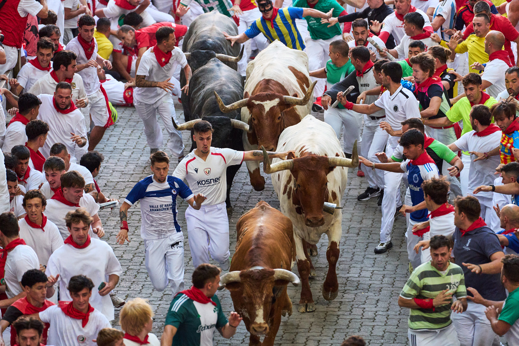 Revelers run alongside Jose Escolar's fighting bulls during the fifth running of the bulls at the San Fermín festival in Pamplona, Spain, Saturday, July 11, 2026. (AP Photo/Miguel Oses)