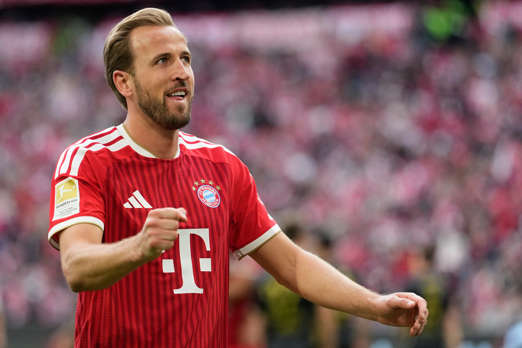 Bayern's Harry Kane celebrates after scoring during a Bundesliga soccer match between Bayern and FC Cologne in Munich, Germany, Saturday, May 16, 2026. (AP Photo/Matthias Schrader)