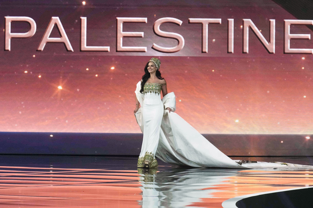 Miss Palestine Nadeen Ayoub competes in the national costume competition at the Miss Universe Beauty Pageant in Nonthaburi province, Thailand, Wednesday, Nov. 19, 2025. (AP Photo/Sakchai Lalit)
