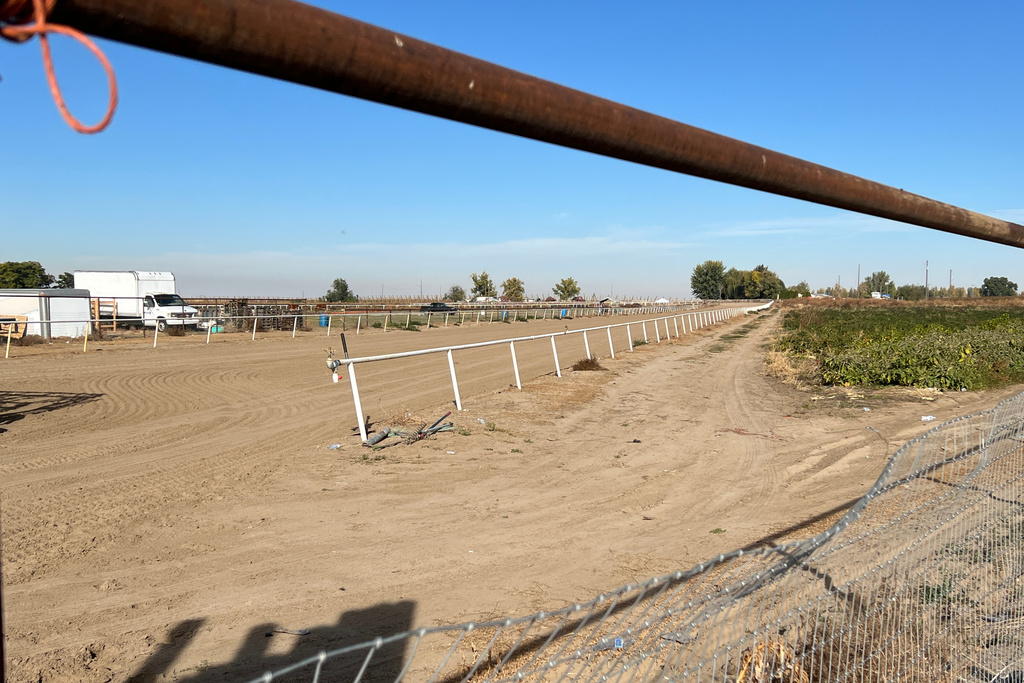 FILE - La Catedral Arena horse race track in Wilder, Idaho is seen in Oct. 22, 2025, three days after the FBI and other law enforcement agencies raided the property as part of a gambling investigation. (AP Photo/Rebecca Boone, File)