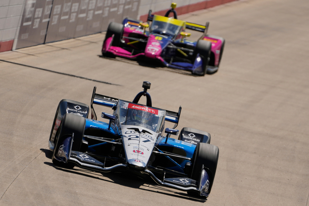 FILE - Kyle Kirkwood (27) drives during an IndyCar auto race Aug. 31, 2025, at Nashville Superspeedway in Lebanon, Tenn. (AP Photo/George Walker IV, File)