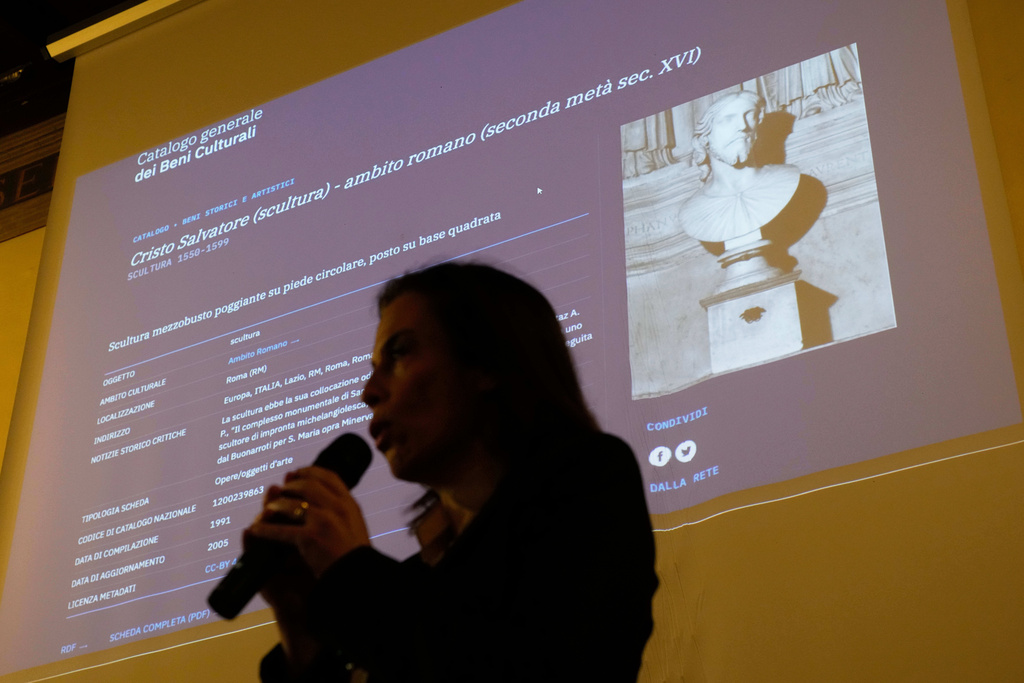 Italian researcher Valentina Salerno speaks to journalists in Rome, Wednesday, March 4, 2026, as the sculpted bust held inside the Basilica of Saint Agnes Outside the Walls in light of new studies, may be reattributed to Michelangelo Buonarroti. (AP Photo/Gregorio Borgia)