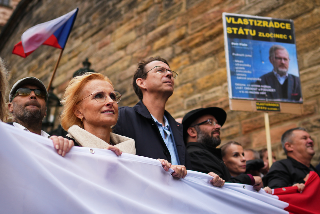 Chairman of maverick Communist party Katerina Konecna attends a rally ahead of Parliamentary elections in Prague, Czech Republic, Sept. 27, 2025. (AP Photo/Petr David Josek)