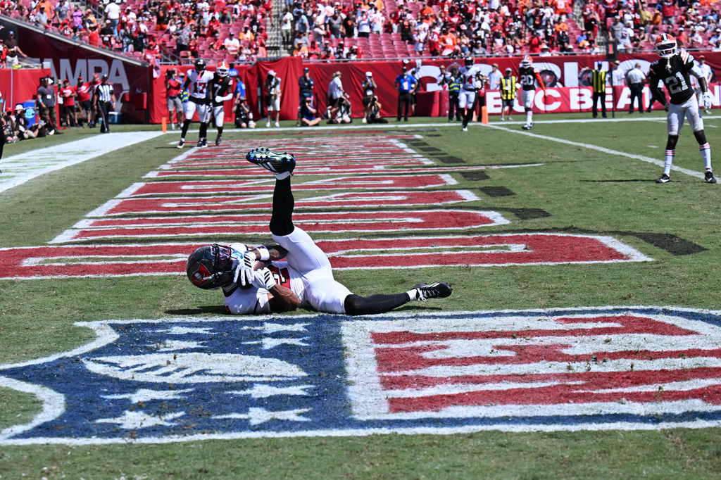 Tampa Bay Buccaneers wide receiver Emeka Egbuka (2) scores a touchdown during the second half of an NFL football game against the Cleveland Browns in Tampa, Fla., Sunday, Sept. 20, 2026. (AP Photo/Jason Behnken)