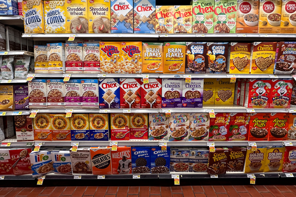 Cereal is displayed for sale at a grocery store Wednesday, April 29, 2026, in Chicago. (AP Photo/Erin Hooley)