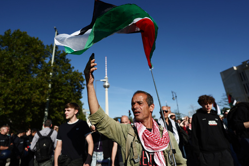 People protest against Israel during a mass demonstration called "All Eyes on Gaza" in support of Palestinians in Berlin, Germany, Saturday, Sept. 27, 2025. (AP Photo/Christoph Soeder) People protest against Israel during a mass demonstration called "All Eyes on Gaza" in support of Palestinians in Berlin, Germany, Saturday, Sept. 27, 2025. (AP Photo/Christoph Soeder)