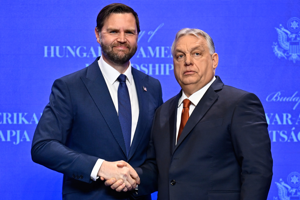 U.S. Vice President JD Vance shakes hands with Hungarian Prime Minister Viktor Orban as they meet in Budapest, Hungary, Tuesday, April 7, 2026. (AP Photo/Denes Erdos)