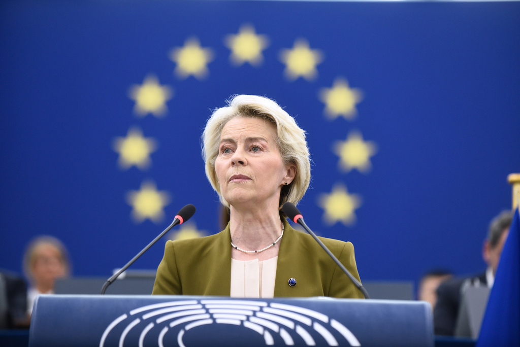European Commission President Ursula von der Leyen gestures as she delivers a major state of the union speech at the European Parliament in Strasbourg, eastern France, Wednesday, Sept. 10, 2025. (AP Photo/Pascal Bastien)