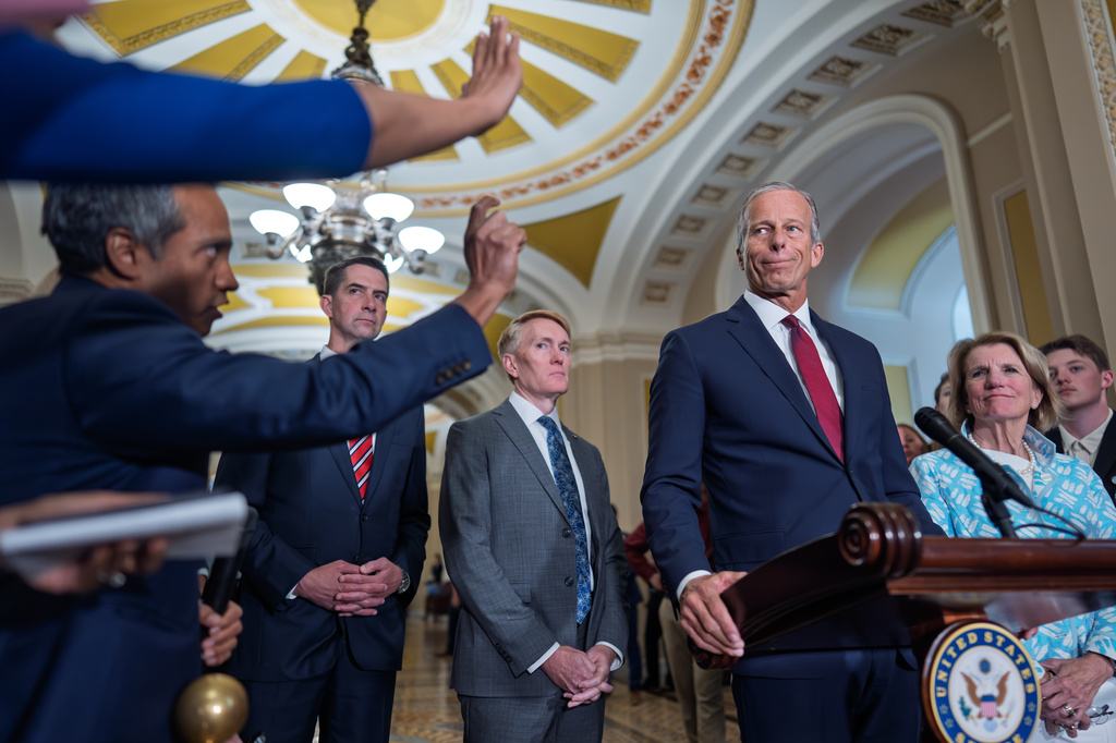 Senate Majority Leader John Thune, R-S.D., joined from left by Sen. Tom Cotton, R-Ark., Sen. James Lankford, R-Okla., and Sen. Shelley Moore Capito, R-W.Va., speaks to reporters after a closed-door meeting with fellow Republicans, at the Capitol in Washington, Tuesday, June 2, 2026. (AP Photo/J. Scott Applewhite) CORRECTION: Sen. Tom Cotton, R-Ark., not Sen. Josh Hawley, R-Mo.