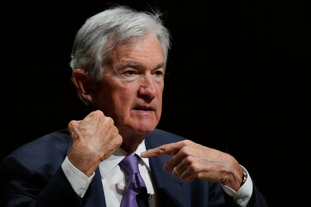 Federal Reserve Chair Jerome Powell gestures while addressing students at Harvard University, Monday, March 30, 2026, in Cambridge, Mass. (AP Photo/Charles Krupa)