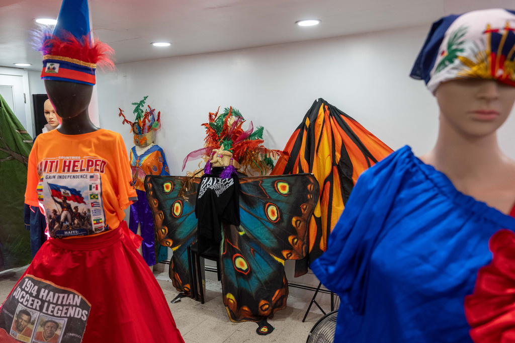 Haitian costumes for Lespri Ayiti Mas Camp are displayed ahead of the West Indian Day Parade, Thursday, Sept. 3, 2026, in the Brooklyn borough of New York. (AP Photo/Adam Gray)