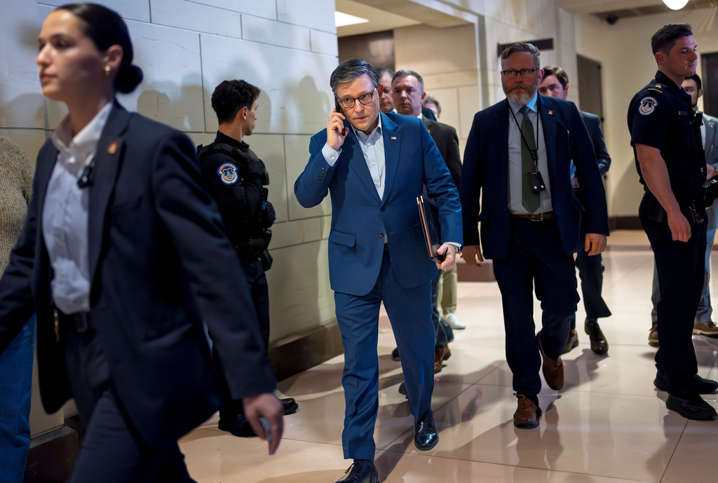 Speaker of the House Mike Johnson, R-La., arrives for an intelligence briefing on Iran with Secretary of State Marco Rubio and top lawmakers, at the Capitol in Washington, Monday, March. 2, 2026. (AP Photo/J. Scott Applewhite)