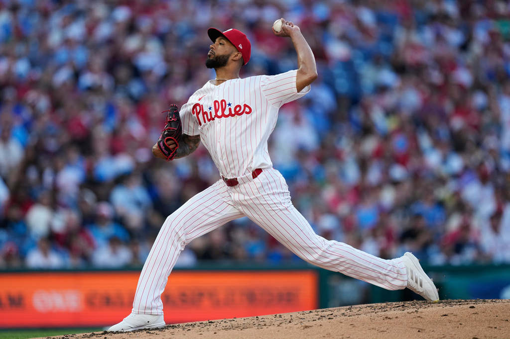 Philadelphia Phillies' Cristopher Sánchez pitches during the third inning of a baseball game against the San Diego Padres on Wednesday, June 3, 2026, in Philadelphia. (AP Photo/Matt Slocum)