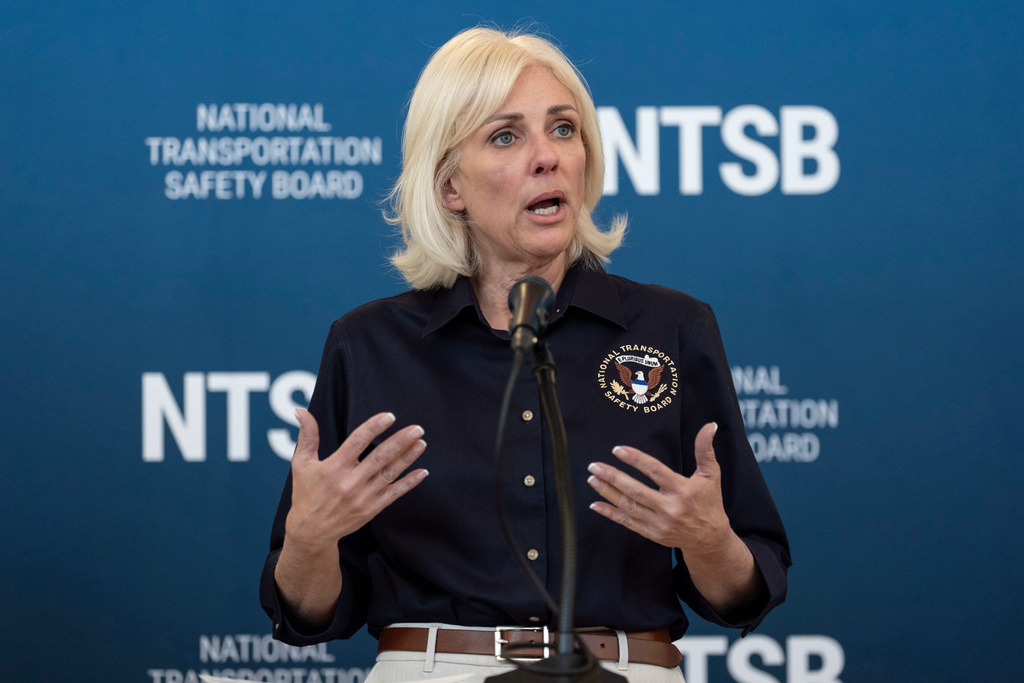 Jennifer Homendy, the NTSB chair, speaks during a press conference, Tuesday, March 24, 2026, at LaGuardia Airport in New York. (AP Photo/Yuki Iwamura)