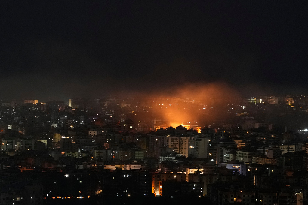 Flames rise following an Israeli airstrike in Dahiyeh, Beirut's southern suburbs, Lebanon, Friday, March 6, 2026. (AP Photo/Hassan Ammar)
