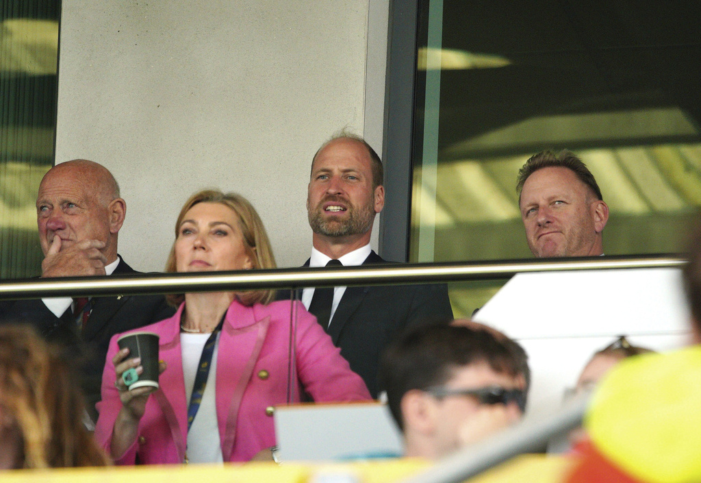 Britain's Prince William attends the Women's Rugby World Cup 2025 pool B match between Wales and Fiji at Sandy Park, Exeter, England, Saturday Sept. 6, 2025. (Ben Birchall/PA via AP)
