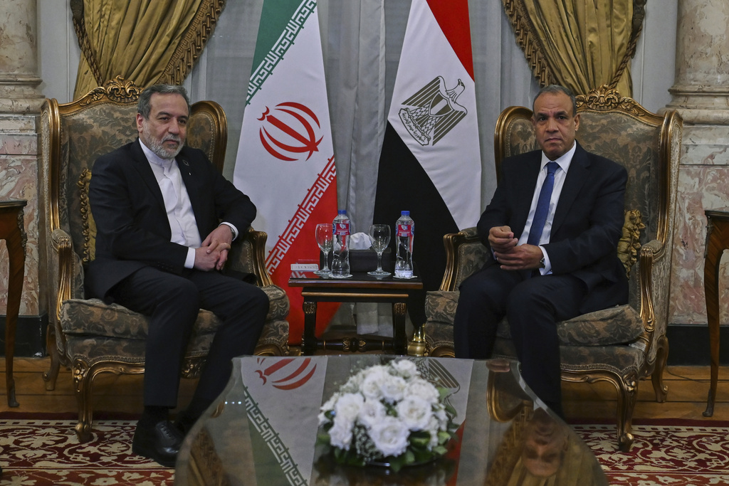 Egyptian Foreign Minister Badr Abdelatty, right, meets with his Iranian counterpart Abbas Araghchi, left, at Tahrir Palace in Cairo, Egypt, Tuesday, Sept. 9, 2025. (AP Photo Khaled Elfiqi)