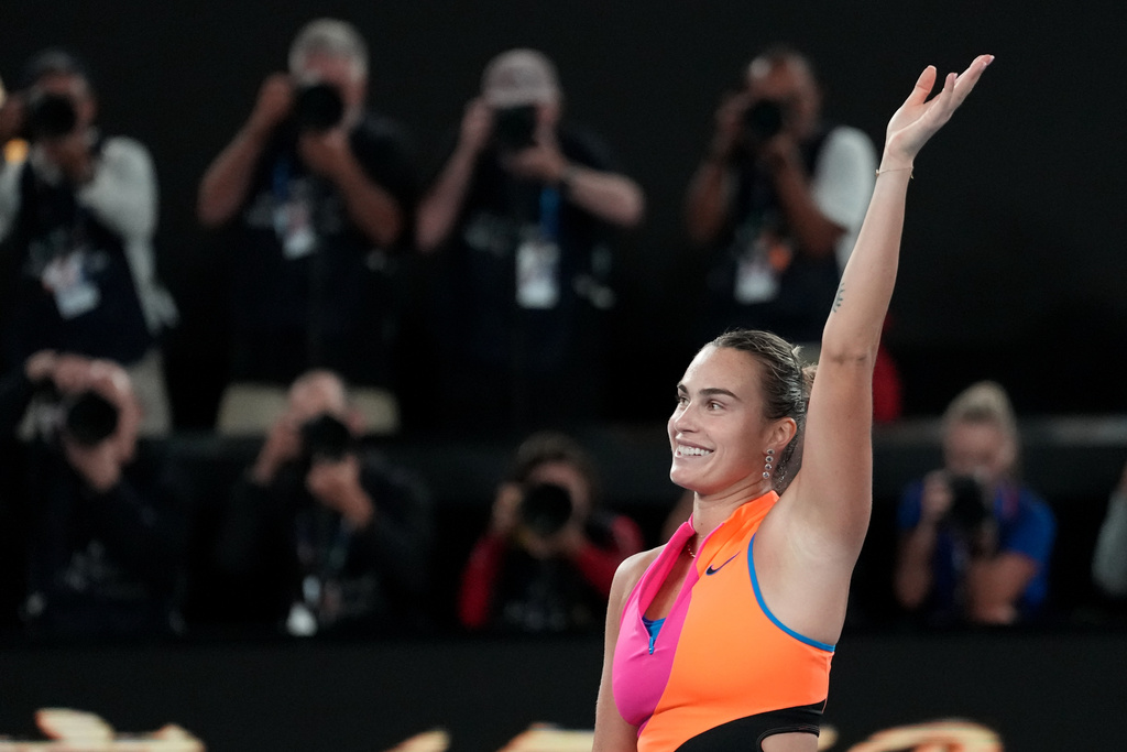 Aryna Sabalenka of Belarus celebrates after defeating Elina Svitolina of Ukraine in their semifinal match at the Australian Open tennis championship in Melbourne, Australia, Thursday, Jan. 29, 2026. (AP Photo/Dar Yasin)