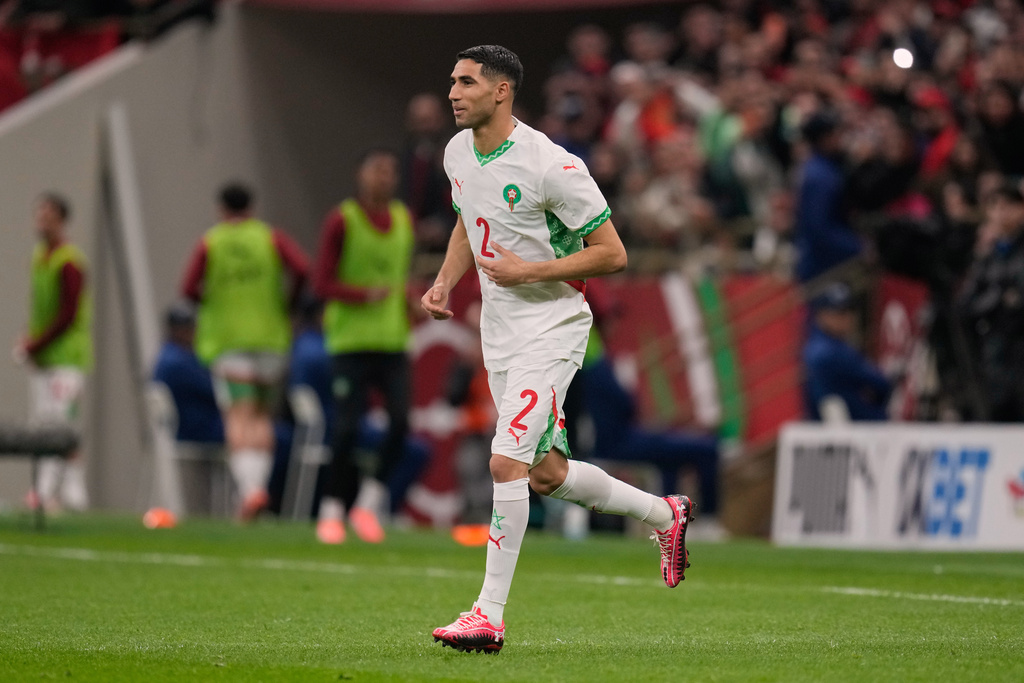 Morocco's Achraf Hakimi comes on during the second half of the Africa Cup of Nations group A soccer match between Zambia and Morocco in Rabat, Morocco, Monday, Dec. 29, 2025. (AP Photo/Themba Hadebe)