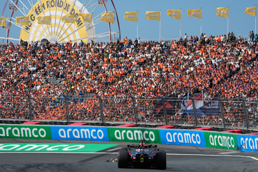 Red Bull driver Max Verstappen of the Netherlands in action during sprint race at the Formula One Dutch Grand Prix in Zandvoort , Netherlands, Saturday, Aug. 22, 2026. (AP Photo/Darko Bandic)