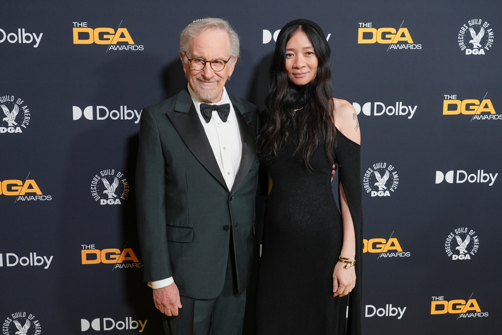 Steven Spielberg, left, and Chloe Zhao arrive at the DGA Awards on Saturday, Feb. 7, 2026, at The Beverly Hilton in Beverly Hills, Calif. (AP Photo/Chris Pizzello)